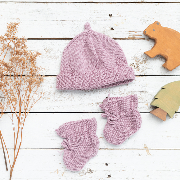 Hand Knitted Acorn Hat and Booties Set NZ Merino