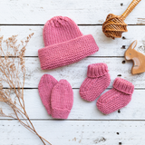 Hand Knitted hat, booties and mittens set Merino Wool